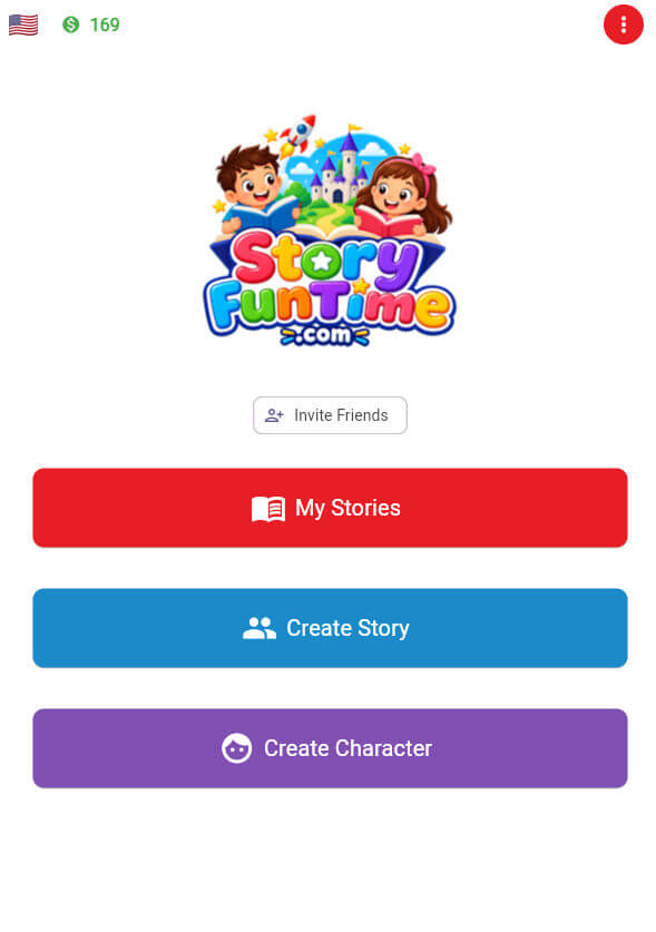 StoryFunTime home screen with My Stories, Create Story, and Create Character buttons