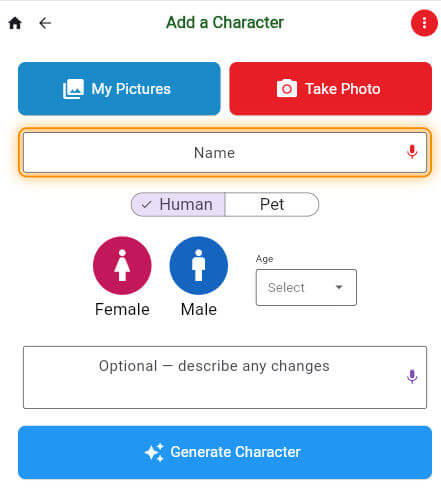 Add a Character screen