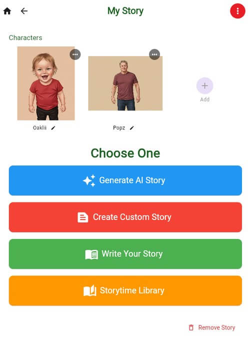 My Story screen with four ways to build a story: Generate AI Story, Create Custom Story, Write Your Story, Storytime Library