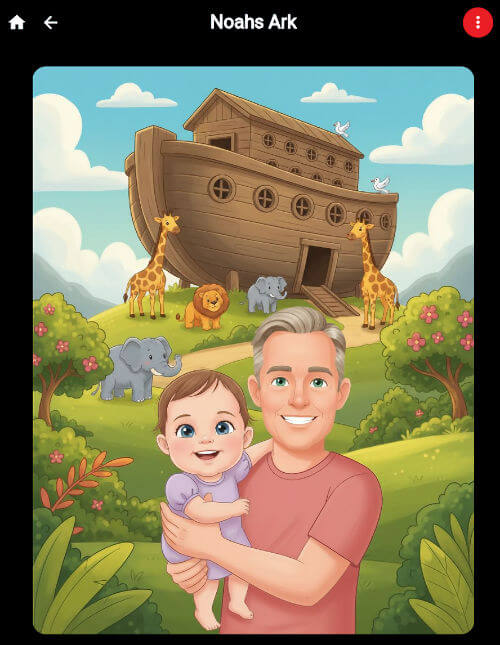 Popz holding baby Oaklii in front of Noah's Ark, surrounded by animals