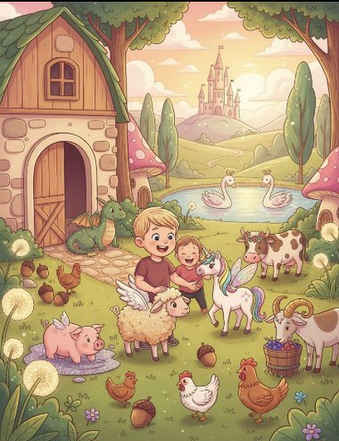 A farmyard adventure storybook cover with a child, unicorn, dragon, and magical animals