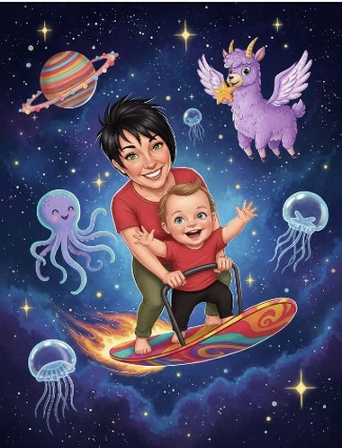 A space-adventure storybook cover with a parent and baby riding a surfboard among the stars