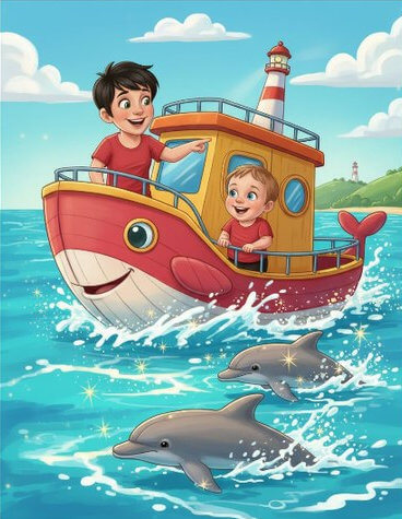 An ocean-adventure storybook cover with a father and child on a boat with dolphins