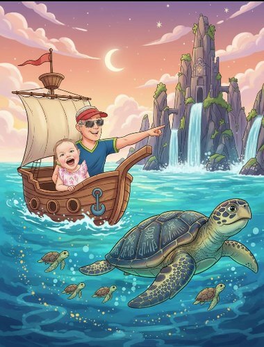 A sunset sailing-adventure storybook cover with a grandfather, child, and sea turtles