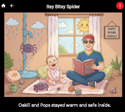 A page from an Itsy Bitsy Spider storybook in the StoryFunTime app — Pops reading aloud to baby Oaklii on the rug while cartoon spiders climb the window.