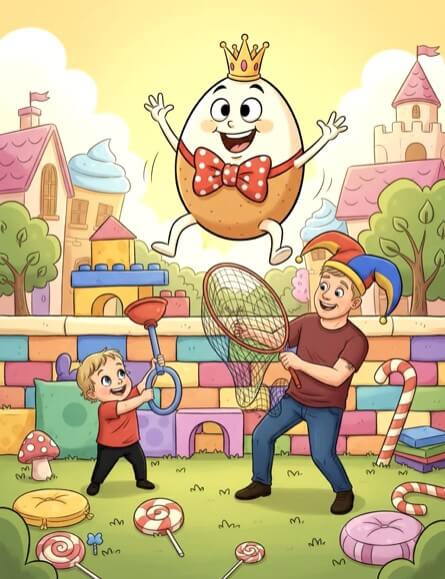 Humpty Dumpty being chased through a storybook world by a grandfather and grandchild