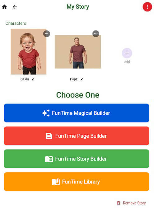The StoryFunTime app's Choose One screen with its four buttons