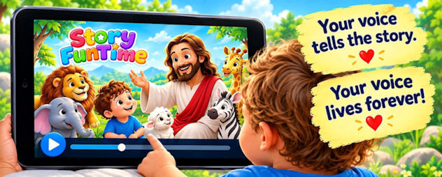 A child watching a StoryFunTime video storybook on a tablet. Your voice tells the story. Your voice lives forever!