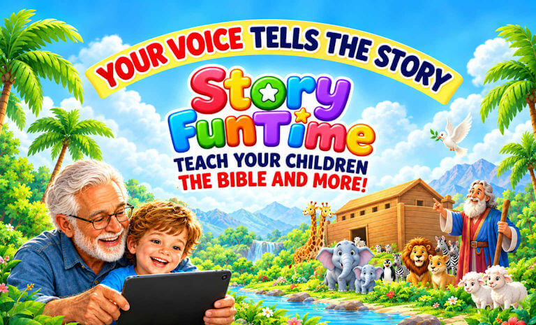 Your voice tells the story. StoryFunTime: teach your children the Bible and more. A grandfather and grandson reading on a tablet beside Noah's Ark.