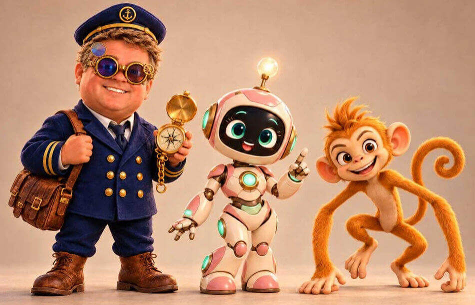 ZeePopZ the tiny time-travel captain in his goggles, Moaklee the robot, and Spizz the monkey