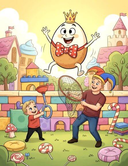 Humpty Dumpty being chased through a storybook world by a grandfather and grandchild