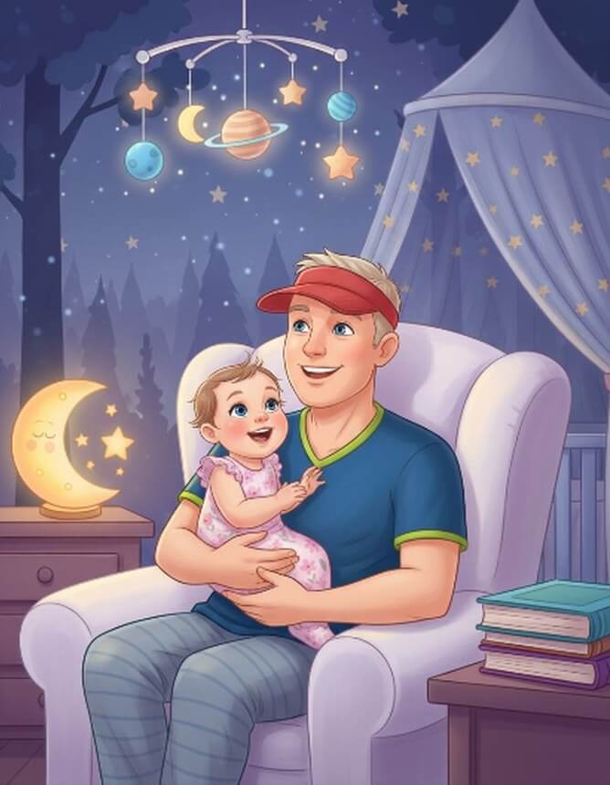 Popz with Oaklii on his lap in a starry nursery, telling her a story