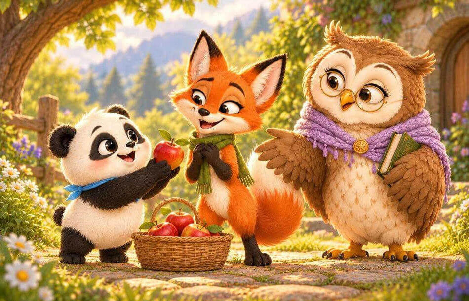 Coote the baby panda, Snixx the fox, and Dawmo the wise owl